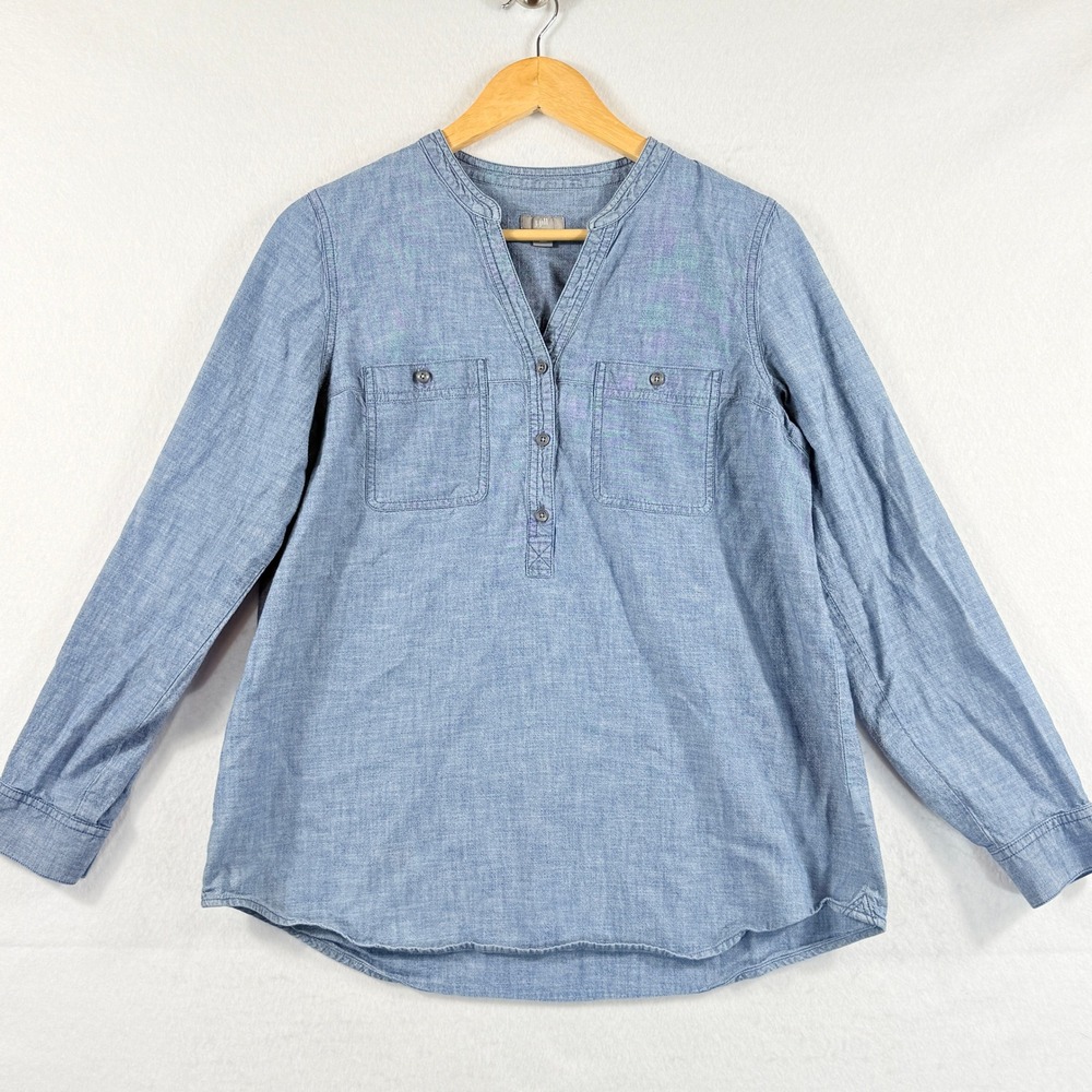 J. Jill Chambray Tunic Women Medium Blue Cotton Utility Coastal Classic‎ Top